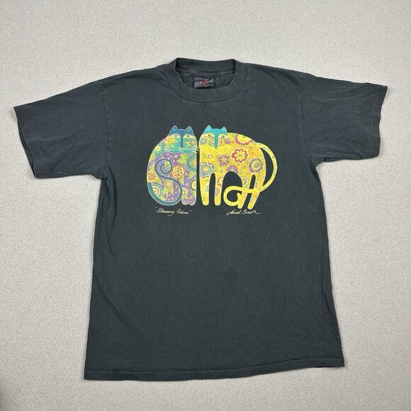 Vintage Laurel Burch Shirt Adult L Black Flower Felines Cat Art Made USA 90s Tee - Picture 2 of 12